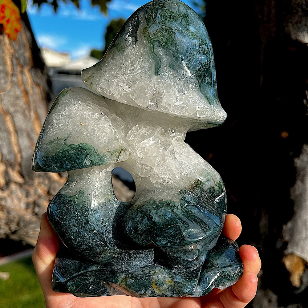 Extra Large Moss Agate Triple Mushroom with Quartz